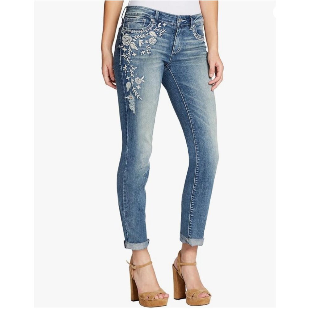 NWT JESSICA SIMPSON Women's Floral Embroidered Forever Rolled Skinny Jeans Sz 32